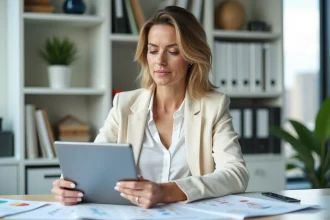 Multi-propriétaire femme gérant plusieurs biens immobiliers depuis son bureau à domicile avec une application de gestion locative