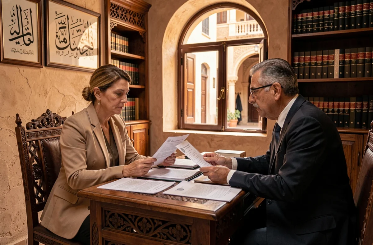 Femme française négociant un acte de vente d'un riad avec un notaire marocain dans un bureau authentique de la médina de Marrakech