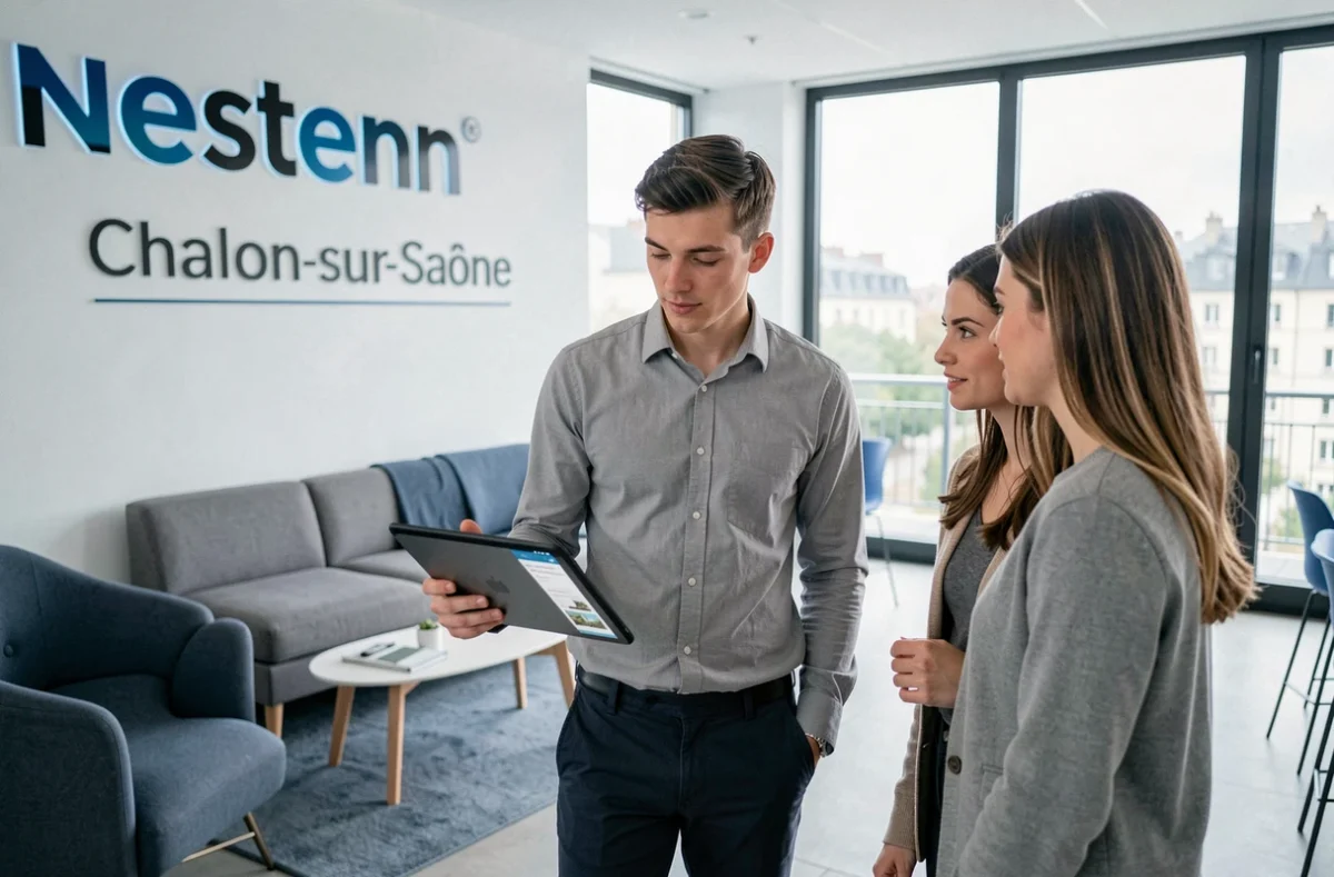 Agent de Nestenn Chalon-sur-Saône présentant des annonces immobilières sur tablette à un jeune couple