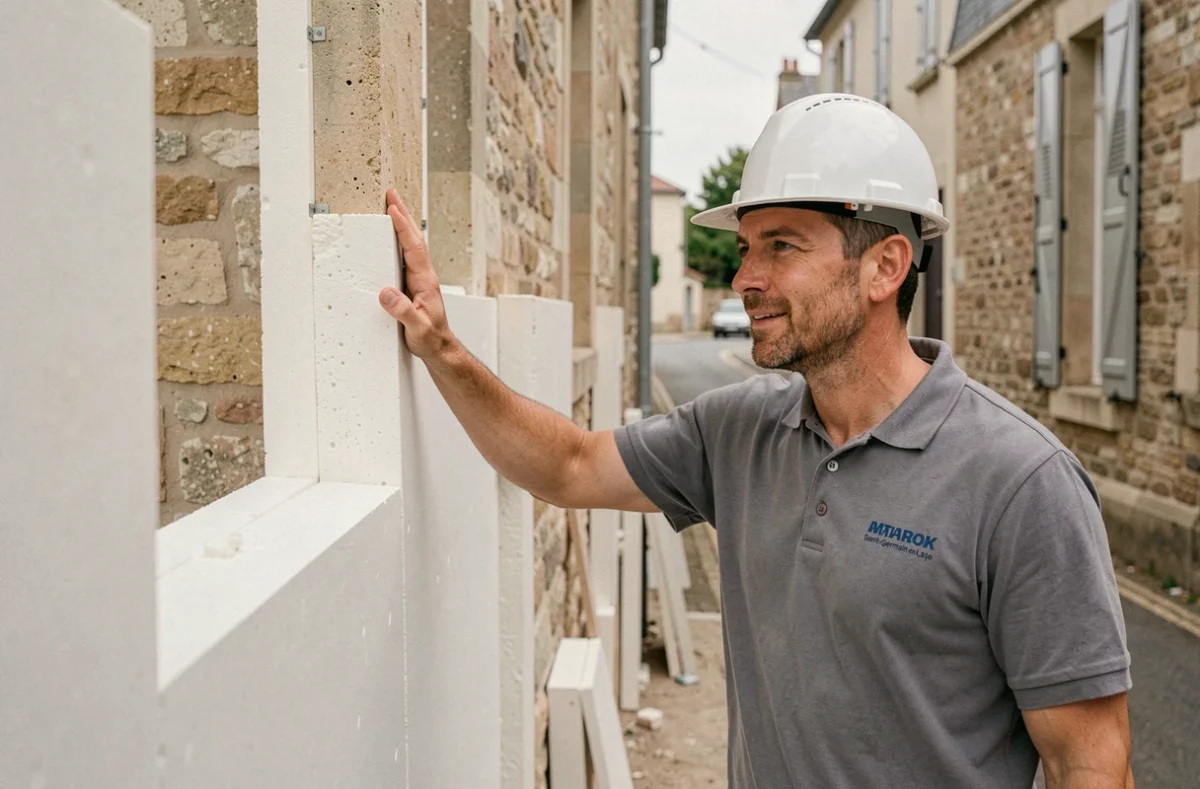 Technicien de New Bat Saint Germain inspectant l'isolation extérieure d'une maison