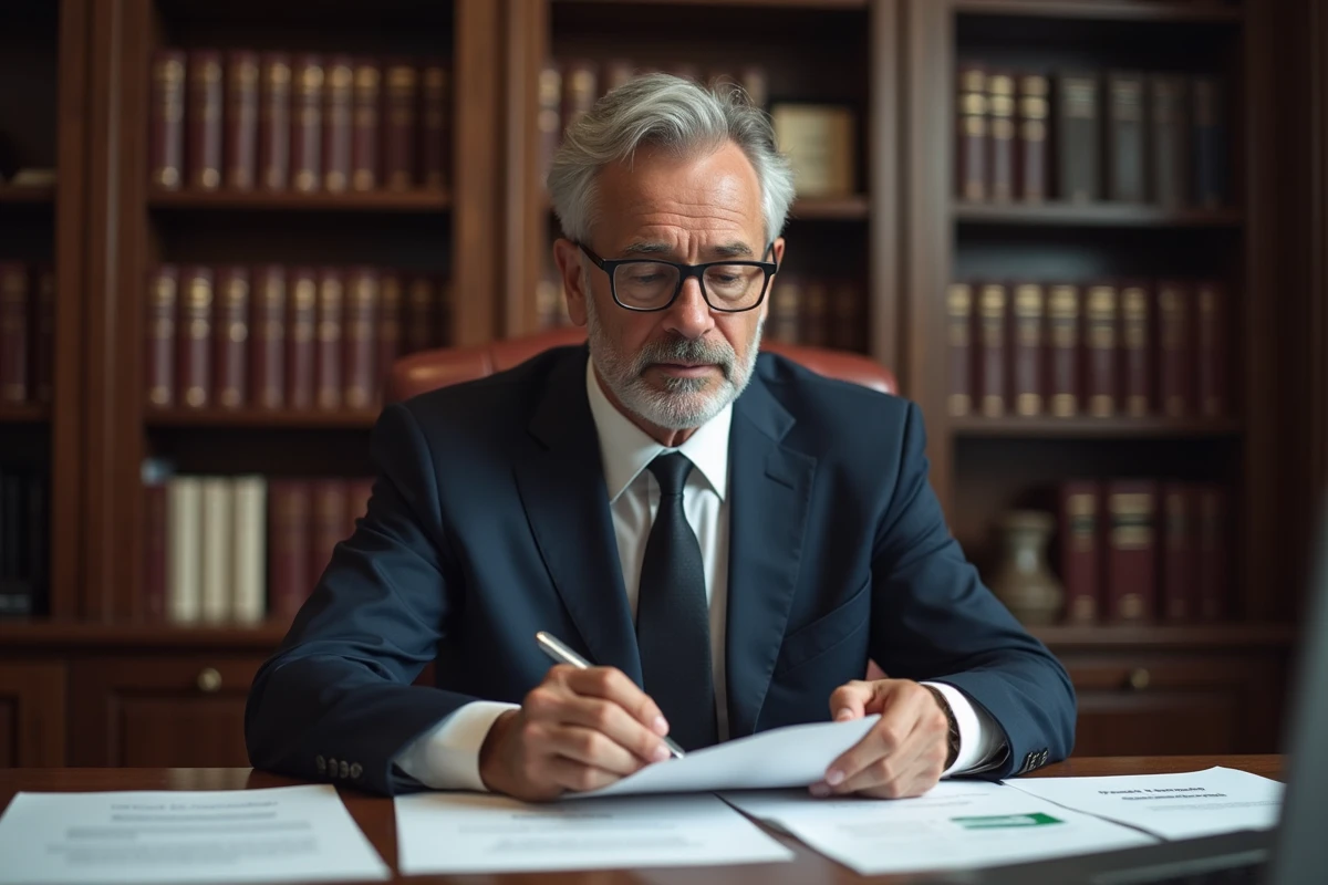 Notaire professionnel examinant des documents immobiliers dans son étude pour un marchand de biens