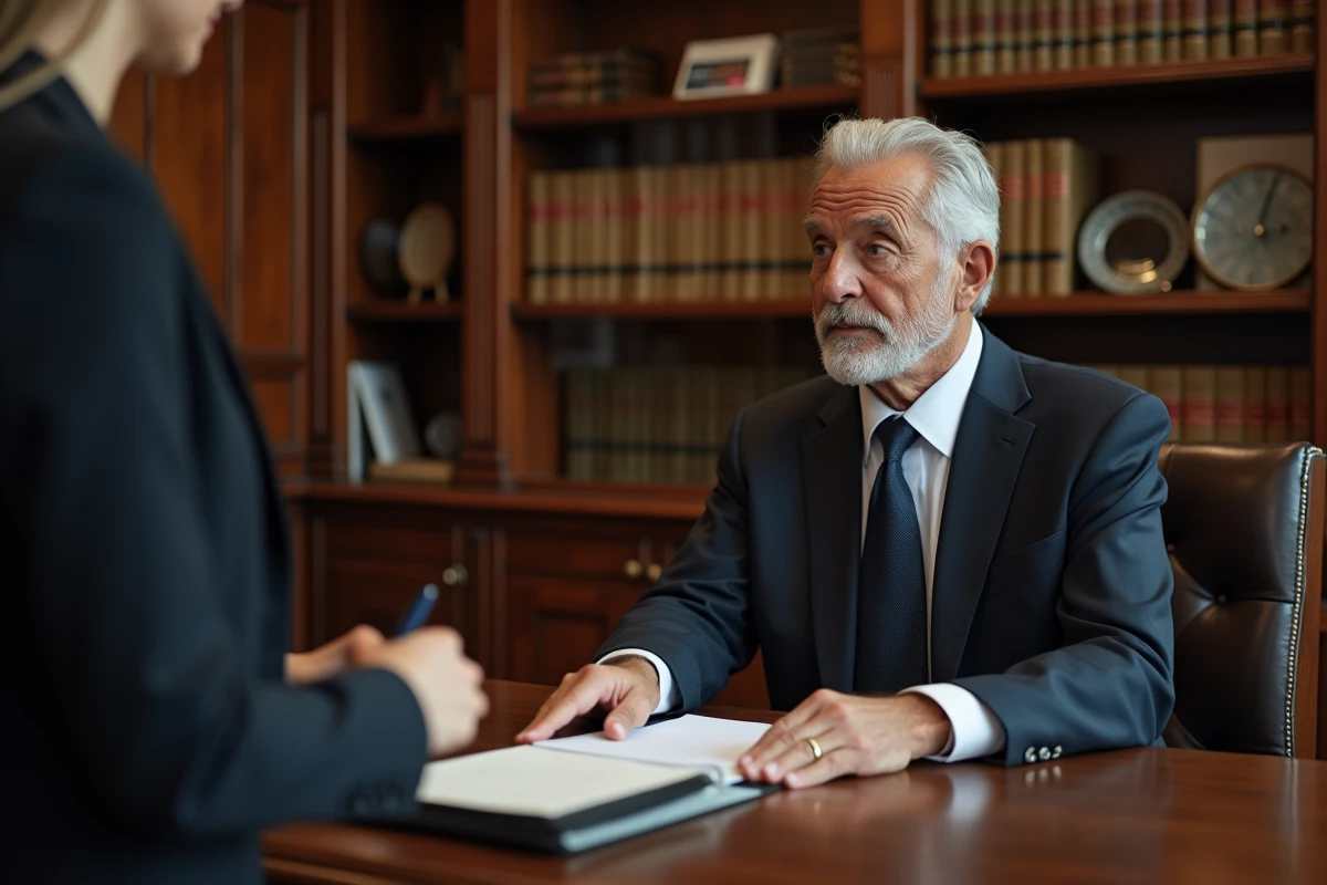 Notaire en costume remettant un dossier à une jeune femme dans son bureau