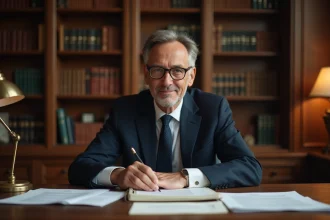 Notaire consultant le registre de copropriété dans son étude