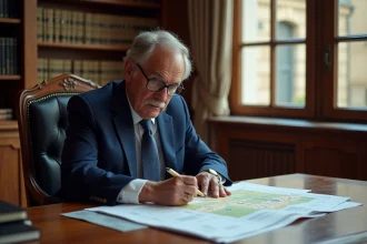 Notaire examinant des documents de vente de parcelle de terrain avec plans cadastraux en Vendée