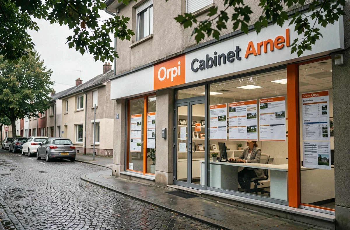 Devanture de l'agence Orpi Cabinet Arnel avec ses vitrines d'annonces locatives dans une rue du Val-d'Oise