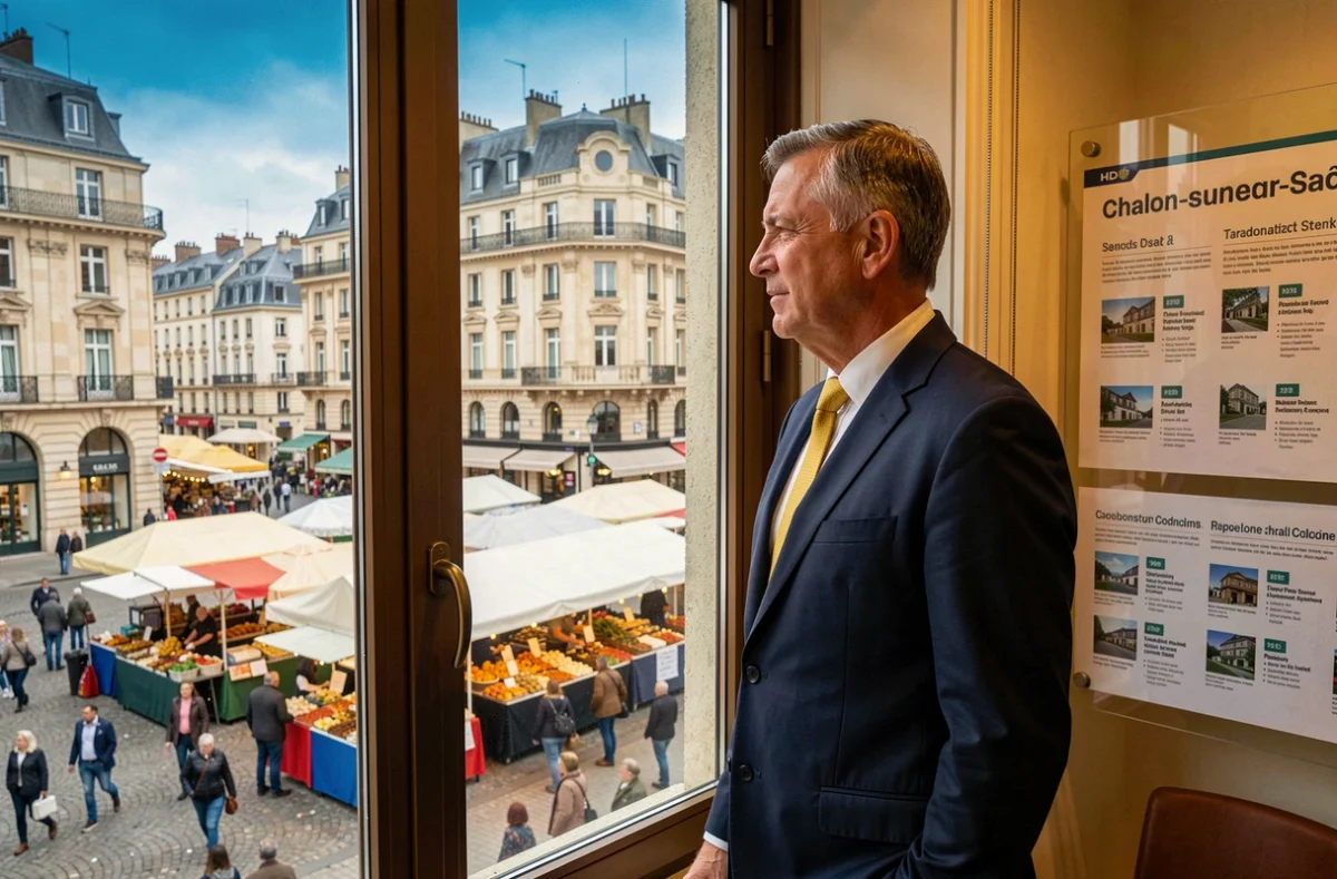 Agent d'Orpi ChalonCentre regardant la place du marché historique de Chalon-sur-Saône depuis les bureaux de l'agence