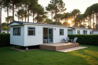 Parcelle de terrain avec mobil-home en Vendée dans un camping saisonnier entouré de pins