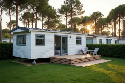 Parcelle de terrain avec mobil-home en Vendée dans un camping saisonnier entouré de pins