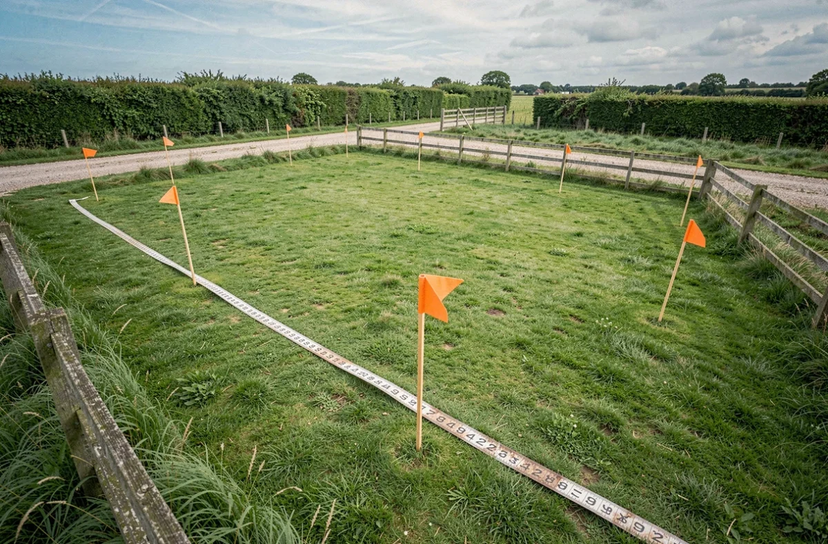 Parcelle d'un acre délimitée par des piquets d'arpentage avec ruban métrique en milieu rural
