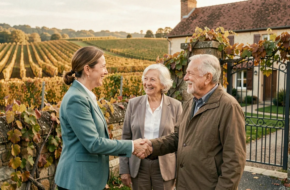 Agente de Patricia Borios Immobilier concluant une vente avec un couple devant une villa entourée de vignes en Saône-et-Loire