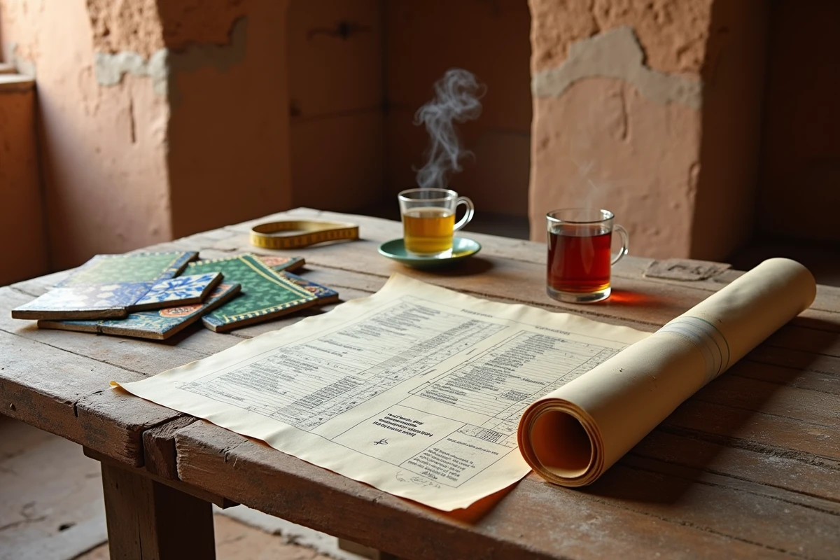 Plans architecturaux et devis de rénovation posés sur une table dans un riad à rénover à Marrakech avec des échantillons de zellige