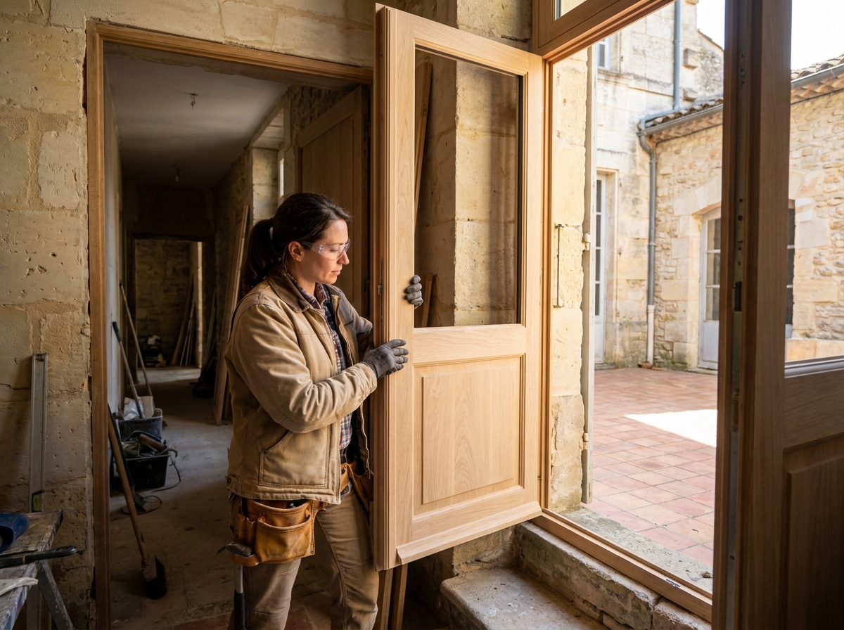 Pose d'une porte en bois double battant par une menuisière dans une maison rénovée de style auvergnat à Clermont-Ferrand