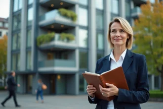 Professionnelle de l'immobilier RSE tenant un dossier devant un immeuble écologique moderne avec panneaux solaires et toiture végétalisée