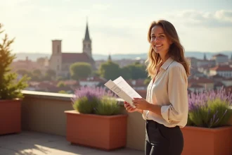 Femme souriante tenant une brochure immobilière sur une terrasse avec vue sur la basilique de Fourvière à Lyon