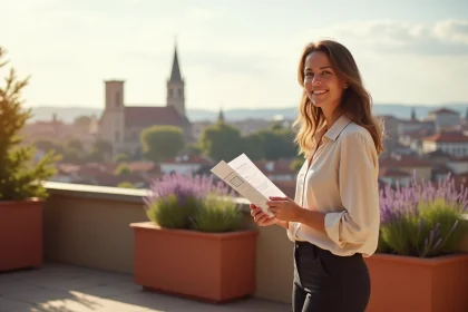 Femme souriante tenant une brochure immobilière sur une terrasse avec vue sur la basilique de Fourvière à Lyon