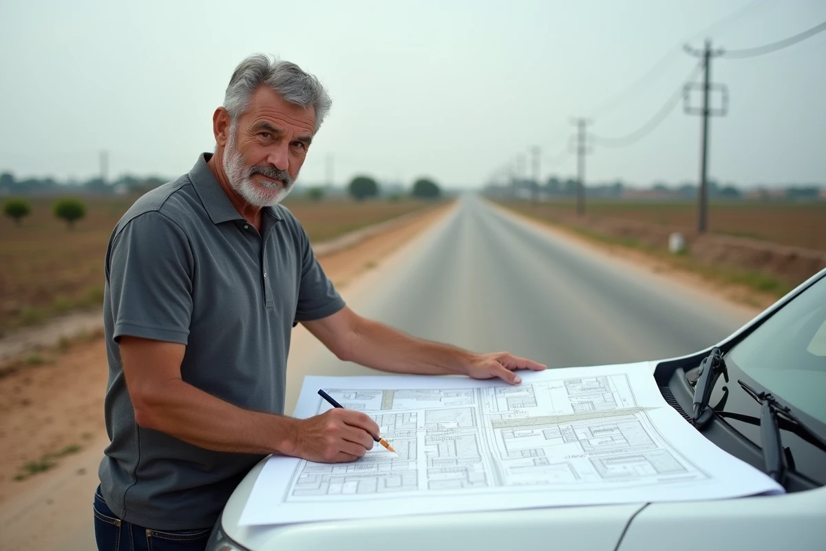 Promoteur immobilier consultant un plan cadastral sur le capot de son véhicule en bordure d'un terrain à lotir