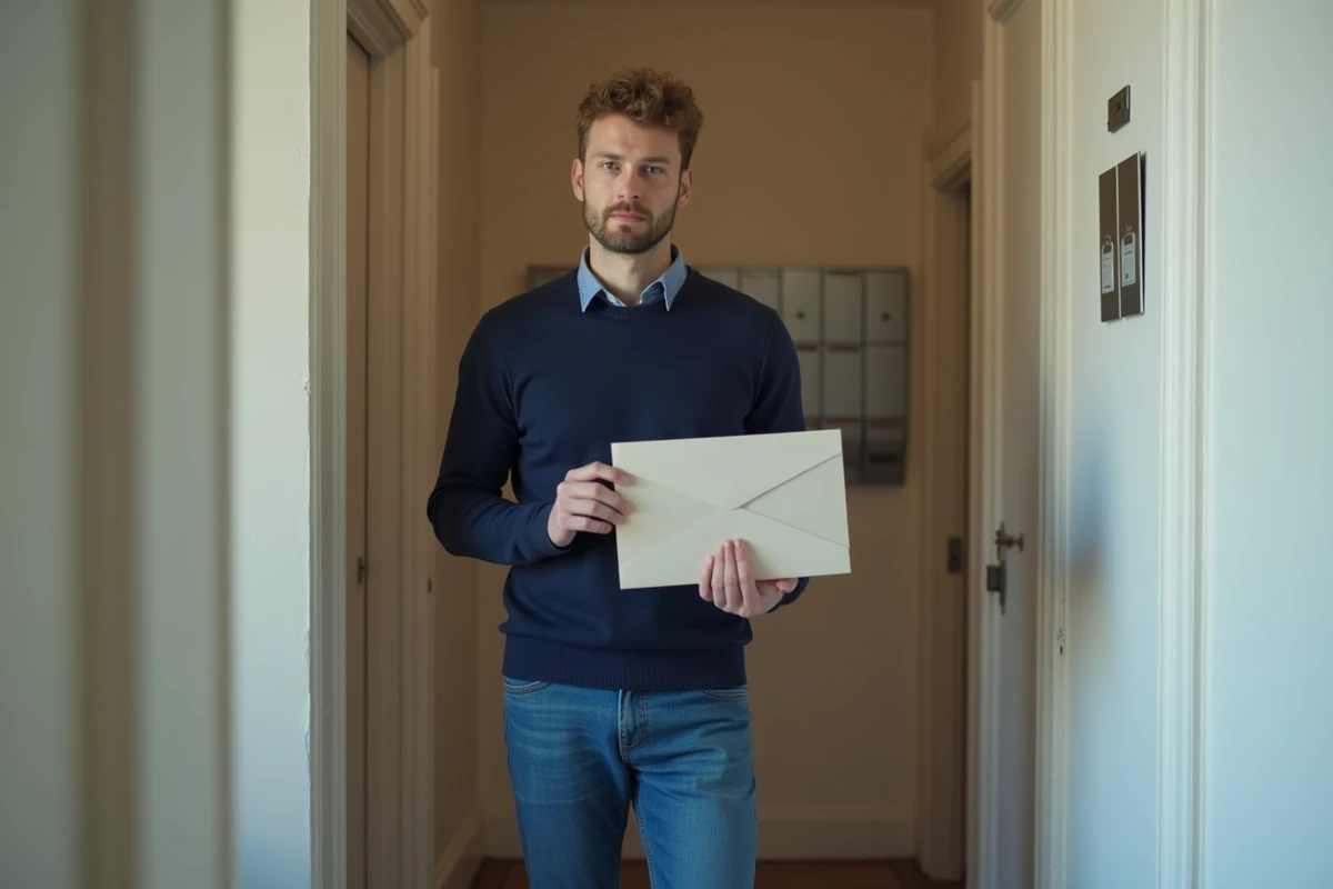 Propriétaire remettant un congé locatif en lettre recommandée dans un couloir d'immeuble résidentiel