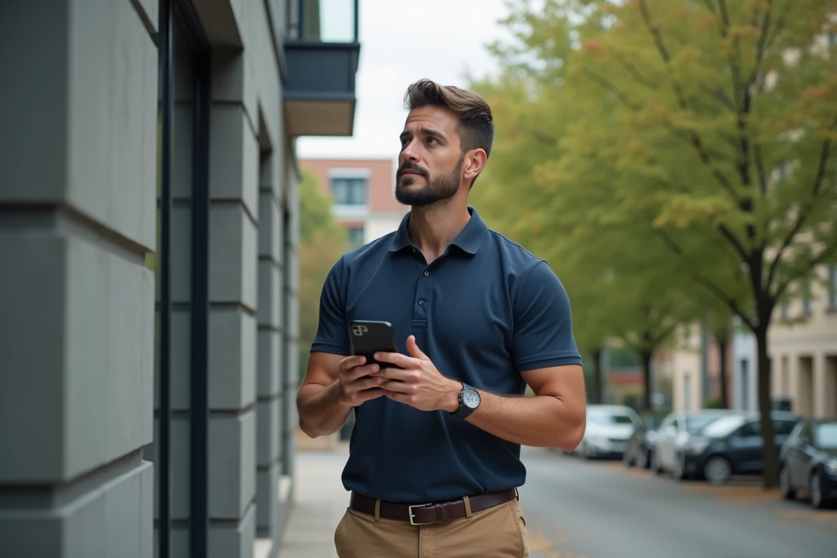 Propriétaire immobilier devant un immeuble d'appartements gérant ses biens locatifs depuis son smartphone