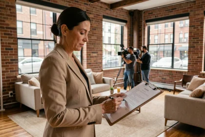Propriétaire professionnelle évaluant un contrat de location de maison pour tournage de film dans un loft rénové