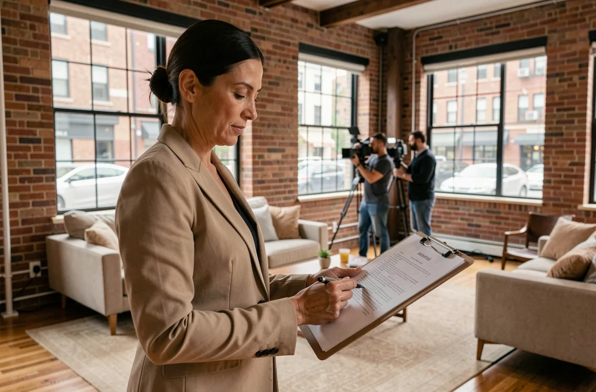 Propriétaire professionnelle évaluant un contrat de location de maison pour tournage de film dans un loft rénové