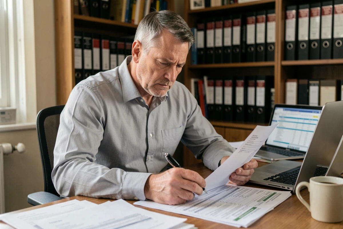 Propriétaire immobilier analysant des documents fiscaux liés à la taxe sur les logements vacants 2026