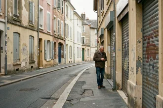 Rue résidentielle d'un quartier populaire d'Alès avec des immeubles anciens et un passant sur le trottoir