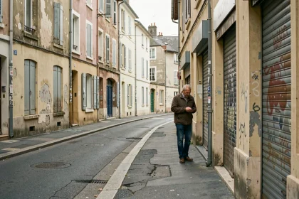 Rue résidentielle d'un quartier populaire d'Alès avec des immeubles anciens et un passant sur le trottoir
