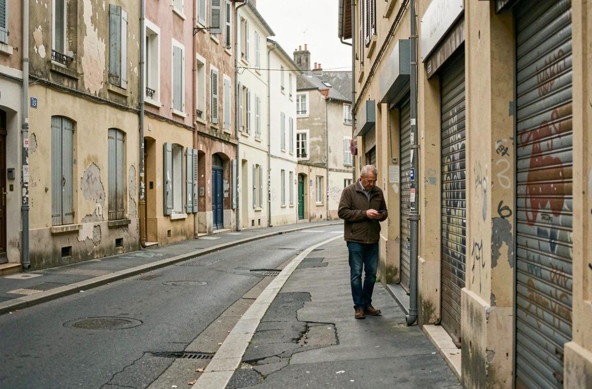 Rue résidentielle d'un quartier populaire d'Alès avec des immeubles anciens et un passant sur le trottoir