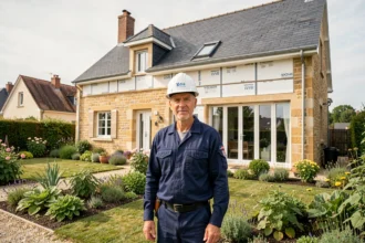 Entrepreneur en rénovation énergétique devant une maison rénovée dans les Yvelines
