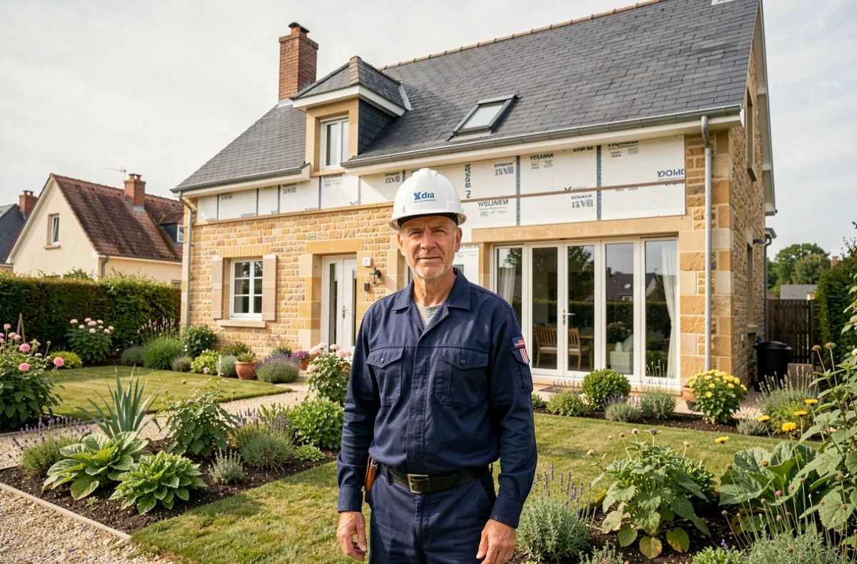 Entrepreneur en rénovation énergétique devant une maison rénovée dans les Yvelines