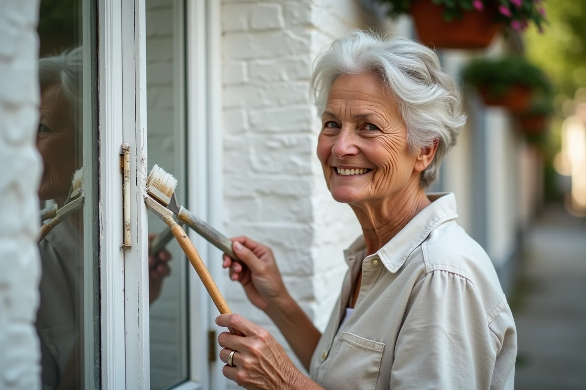 Femme âgée repeignant une fenêtre en bois avec sourire