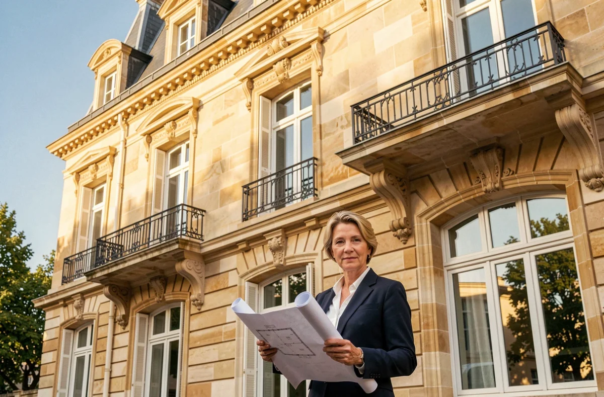Consultante de Résidence et Patrimoine de France devant un bâtiment patrimonial rénové