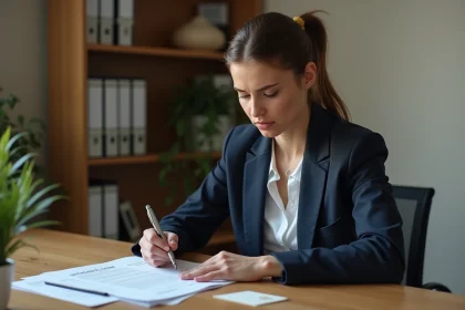 Femme en blazer marine examinant un contrat de location meublée avec un chèque de dépôt de garantie sur un bureau en bois
