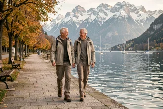 Couple de retraités se promenant au bord du lac d'Annecy en Haute-Savoie, avec les Alpes enneigées en arrière-plan