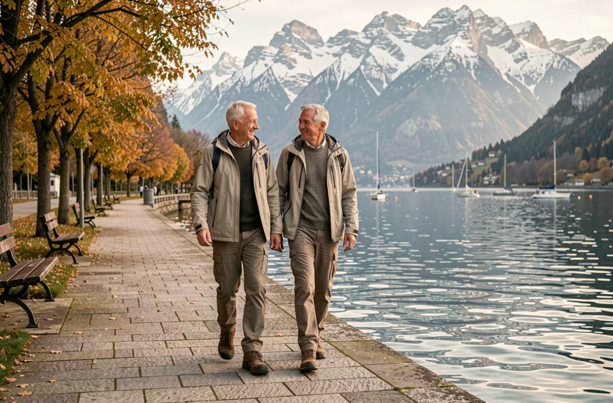 Couple de retraités se promenant au bord du lac d'Annecy en Haute-Savoie, avec les Alpes enneigées en arrière-plan