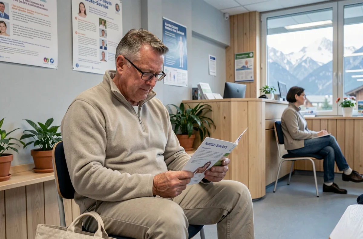 Homme retraité en salle d'attente d'un centre de santé en Haute-Savoie, illustrant l'accès aux services médicaux locaux