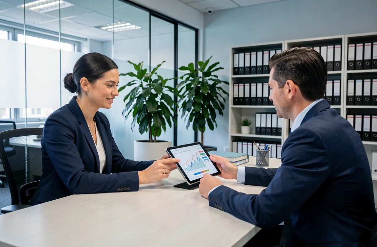 Femme en réunion avec un conseiller bancaire pour analyser les taux d'emprunt immobilier en 2026
