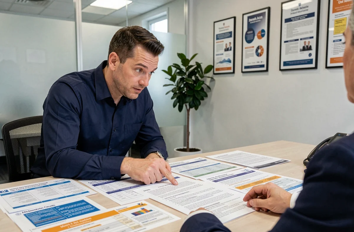 Homme en réunion avec un conseiller en assurance habitation pour comparer les offres de contrats