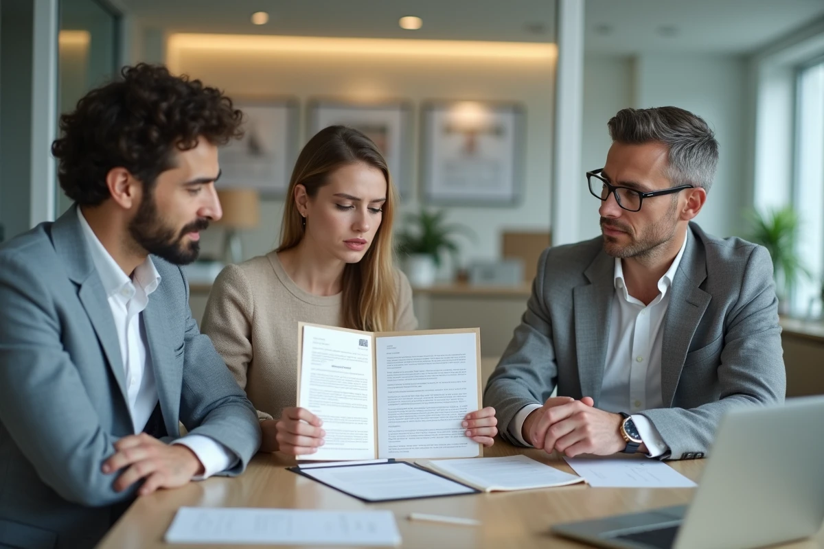 Couple en réunion avec un conseiller immobilier examinant les clauses d'un modèle pré état daté lors d'une promesse de vente