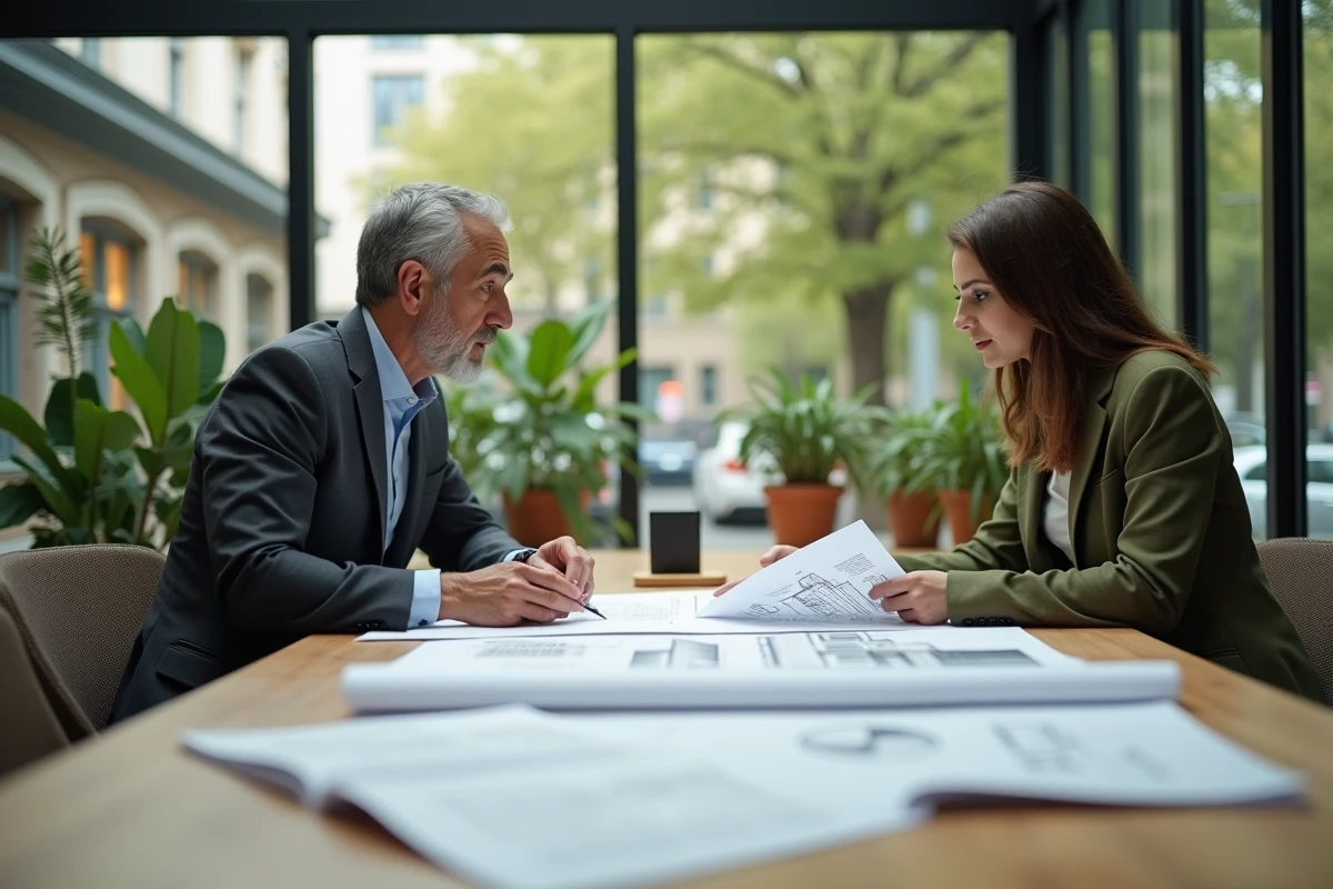 Deux professionnels de l'immobilier analysant des rapports RSE et des plans architecturaux dans une salle de réunion moderne et responsable
