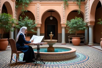 Intérieur d'un riad traditionnel à Marrakech avec fontaine en zellige et verdure luxuriante, idéal pour un achat immobilier de caractère