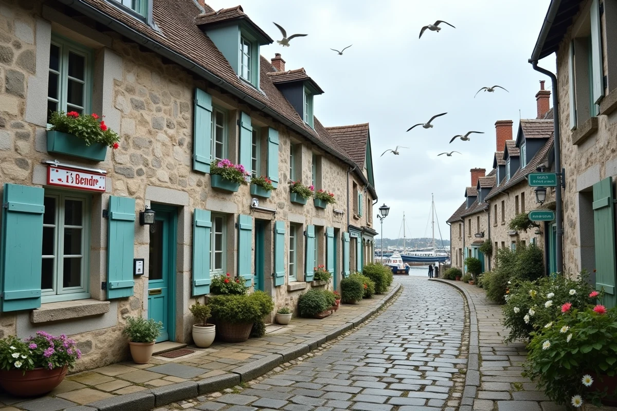 Rue pittoresque d'un village normand en bord de mer avec maisons à vendre et vue sur le port