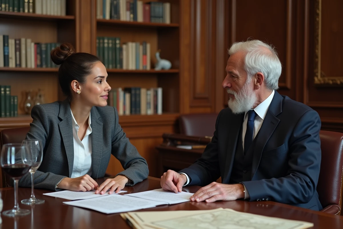 Signature de l'acte de vente d'une propriété viticole bordelaise chez un notaire avec documents officiels sur la table
