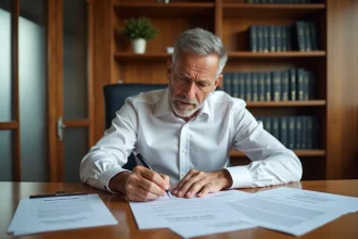 Homme hésitant à signer une promesse de vente immobilière dans un bureau notarial avec documents officiels sur la table
