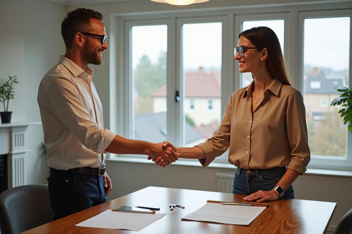 Jeune femme signant un contrat immobilier avec un client dans une maison