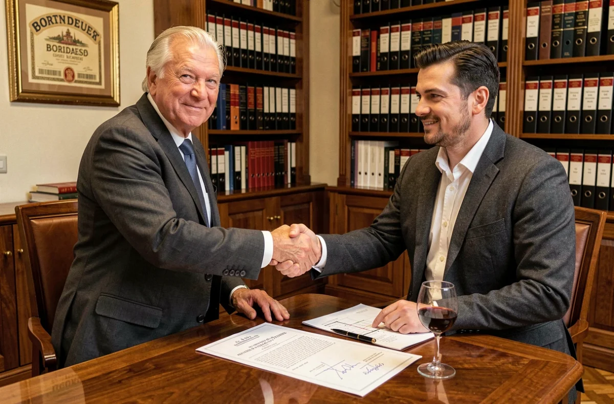 Signature et poignée de main lors de la vente d'un domaine viticole bordelais dans l'office d'un notaire