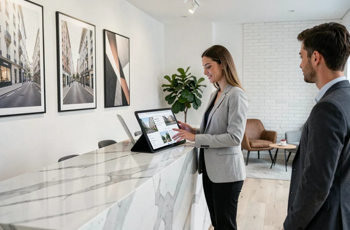 Agente de l'agence Sixième Avenue présentant des annonces numériques à un client dans un cadre moderne et épuré
