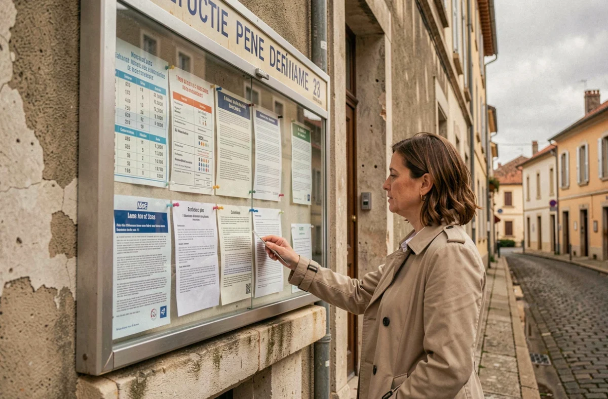 Femme lisant des affichages officiels sur un bâtiment municipal dans un quartier d'Alès lié aux statistiques de délinquance