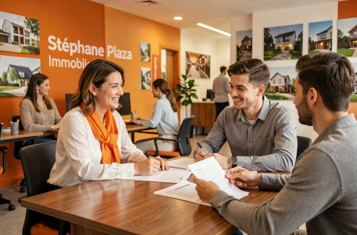 Agente Stéphane Plaza Immobilier Agence Douard en consultation avec des clients dans un bureau aux teintes chaleureuses