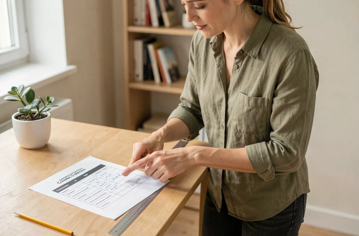 Femme consultant un tableau de conversion d'acres en mètres carrés sur un bureau en bois